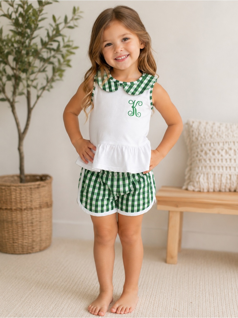 SugarBee Girls Green Gingham Set K monogram